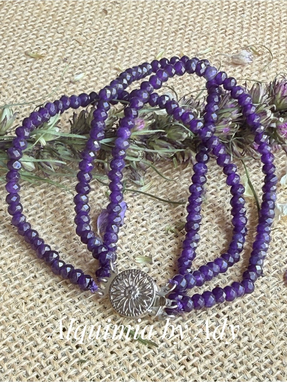Fall  Purple amethyst Faceted Bead Bracelet with Silver Sun Clasp layered